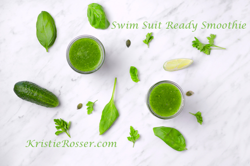 shutterstock_green smoothie swimsuit ready cucumber basil apple spinach on white marble 418283071